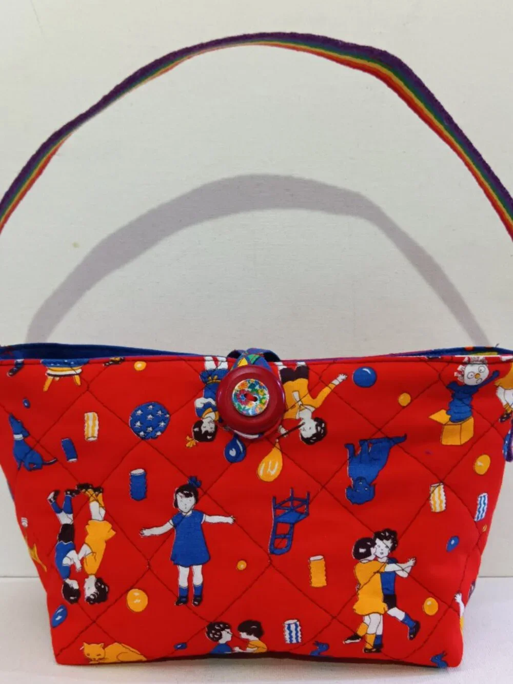Children's Artisan Quilted Purse Tote Set, Vintage Motif Fabrics, Buttons, Robot